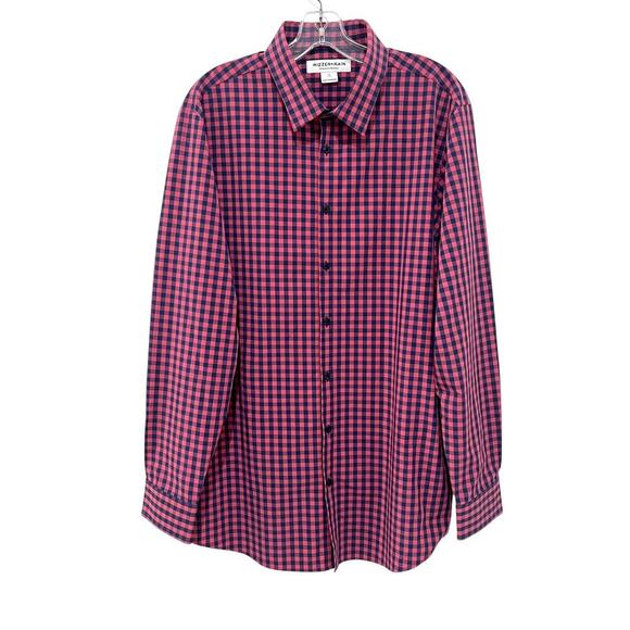 Mizzen + Main Performance Button Down XL Gingham Plaid Shirt Pink Navy Trim Fit - Picture 1 of 9